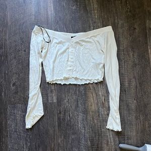 Off the shoulder, long sleeve, buttoned crop top